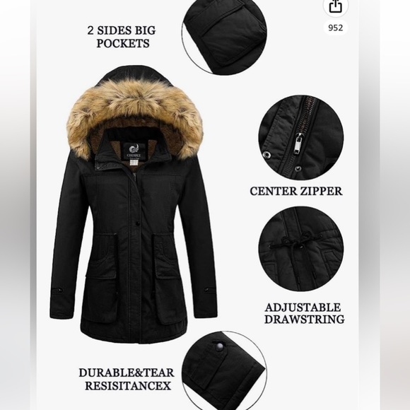 CHERFLY WINTER FLEECE LINED With Faux FUR TRIM HOOD PUFFER COAT JACKET BLACK MED - Picture 5 of 8